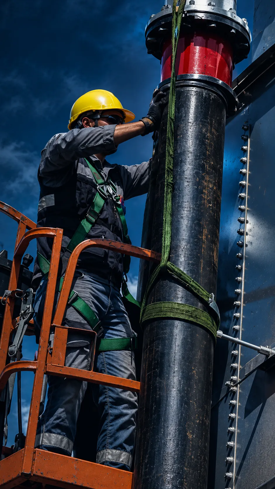 Técnico con casco y arnés trabaja una tubería industrial desde una plataforma elevadora.