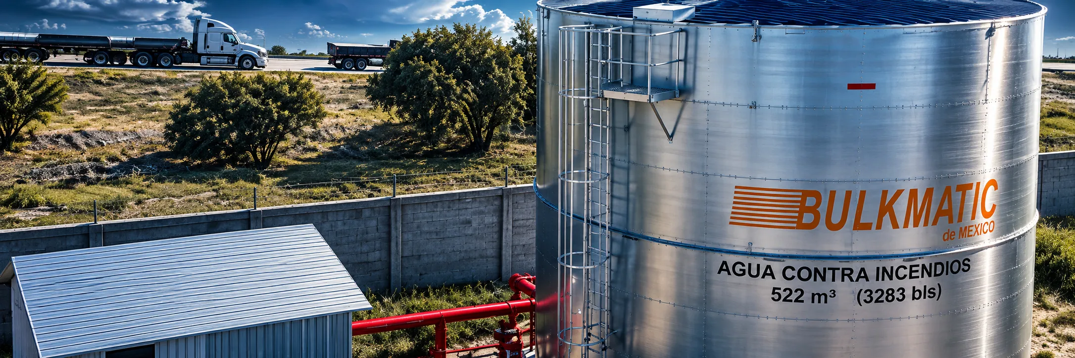 Tanque de agua contra incendios de Bulkmatic de México, marcado con 522 metros cúbicos, y tubería roja.