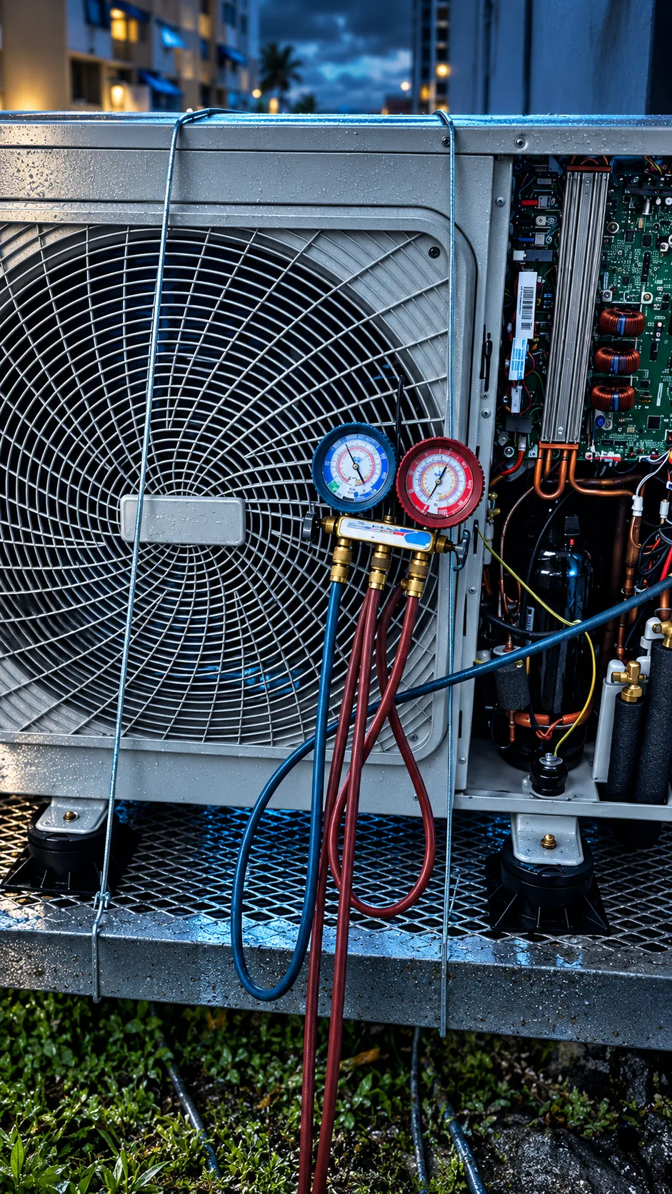 Unidad exterior de aire acondicionado en servicio, con manómetros conectados al equipo.